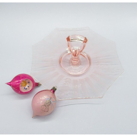 Pink Depression Glass Center Handle Octagon Tray Pastry Server Floral Etched - Picture 6 of 9